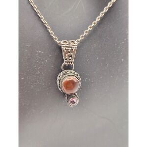 Sterling Silver 925 Red Brown Purple Cabochon Double Drop Pendant Necklace 18in